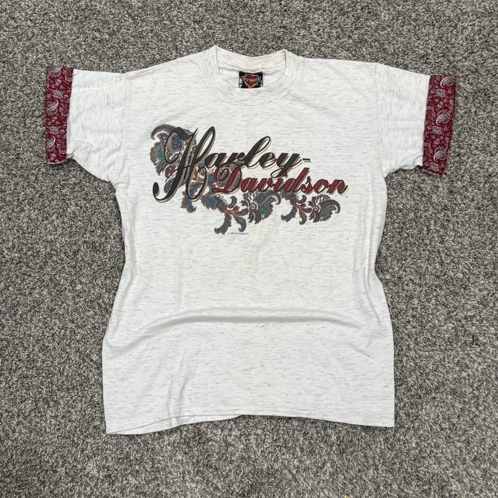 Vintage 1992 Harley-Davidson Paisley Graphic T-Shirt Black Hills SD Gray Mens L